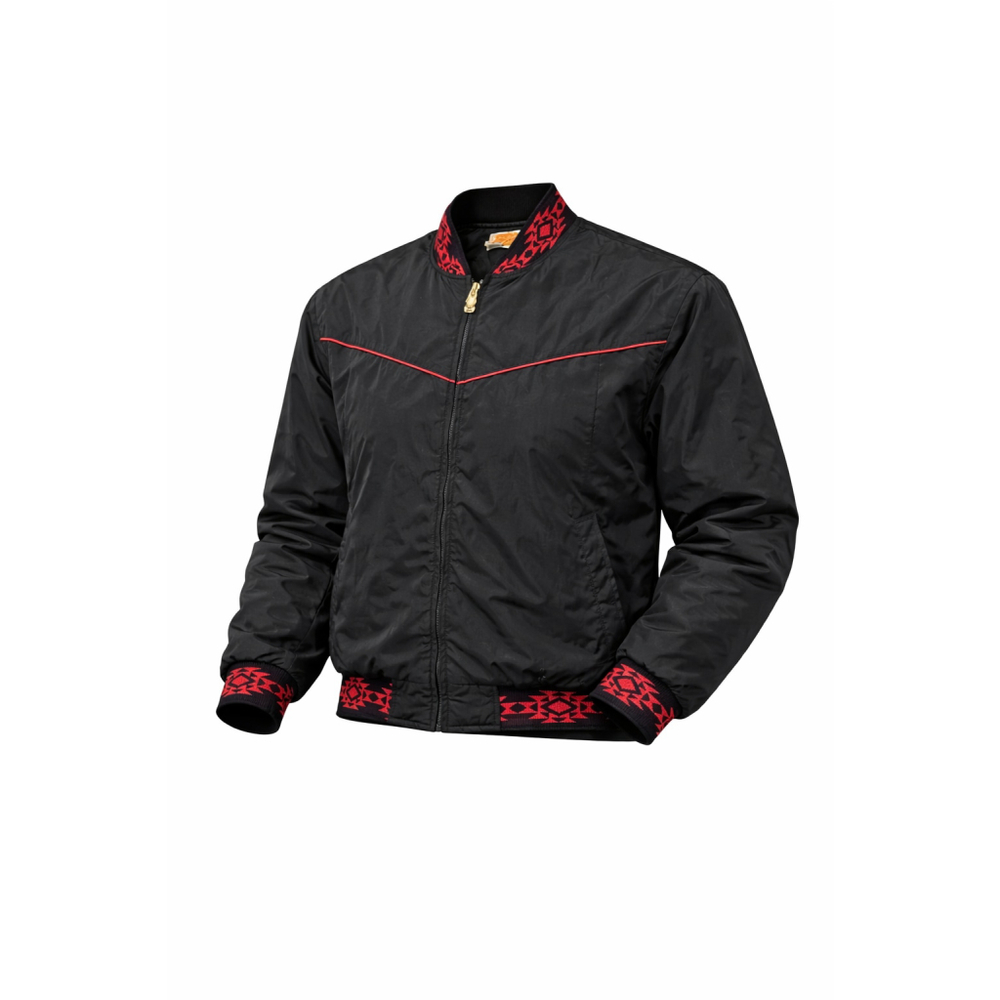 Vtg Comfy Casuals Black Bomber Jacket Red Tribal Trim Yoke Swan Zipper Mens Sz L